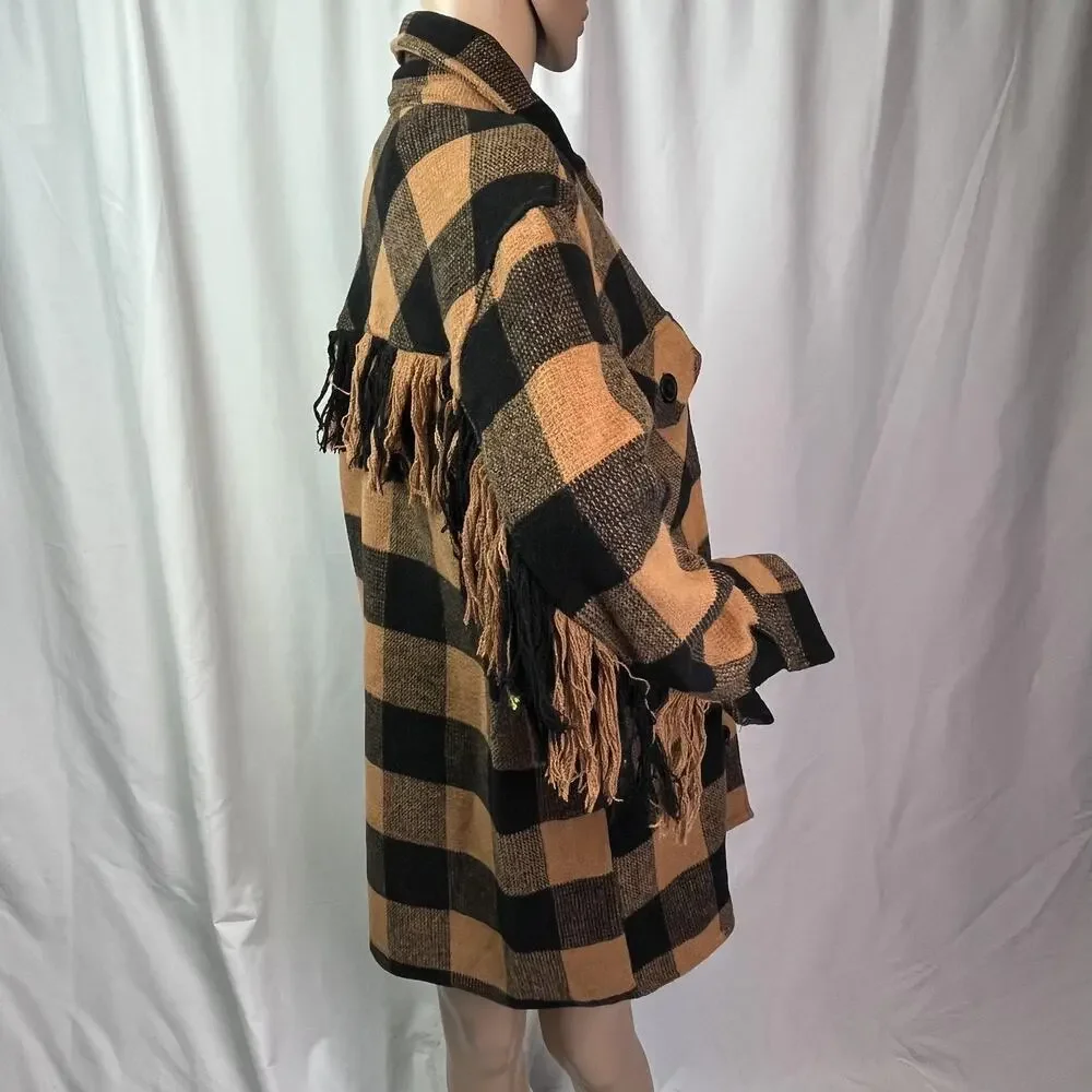 Aqua Jacket Womens Medium Black Orange Plaid Fringe Western Wool Button Front